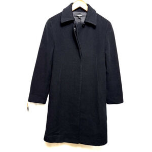 DKNY Long Black Wool Coat Size 6 Medium Tailored Fit Hidden Buttons Pockets
